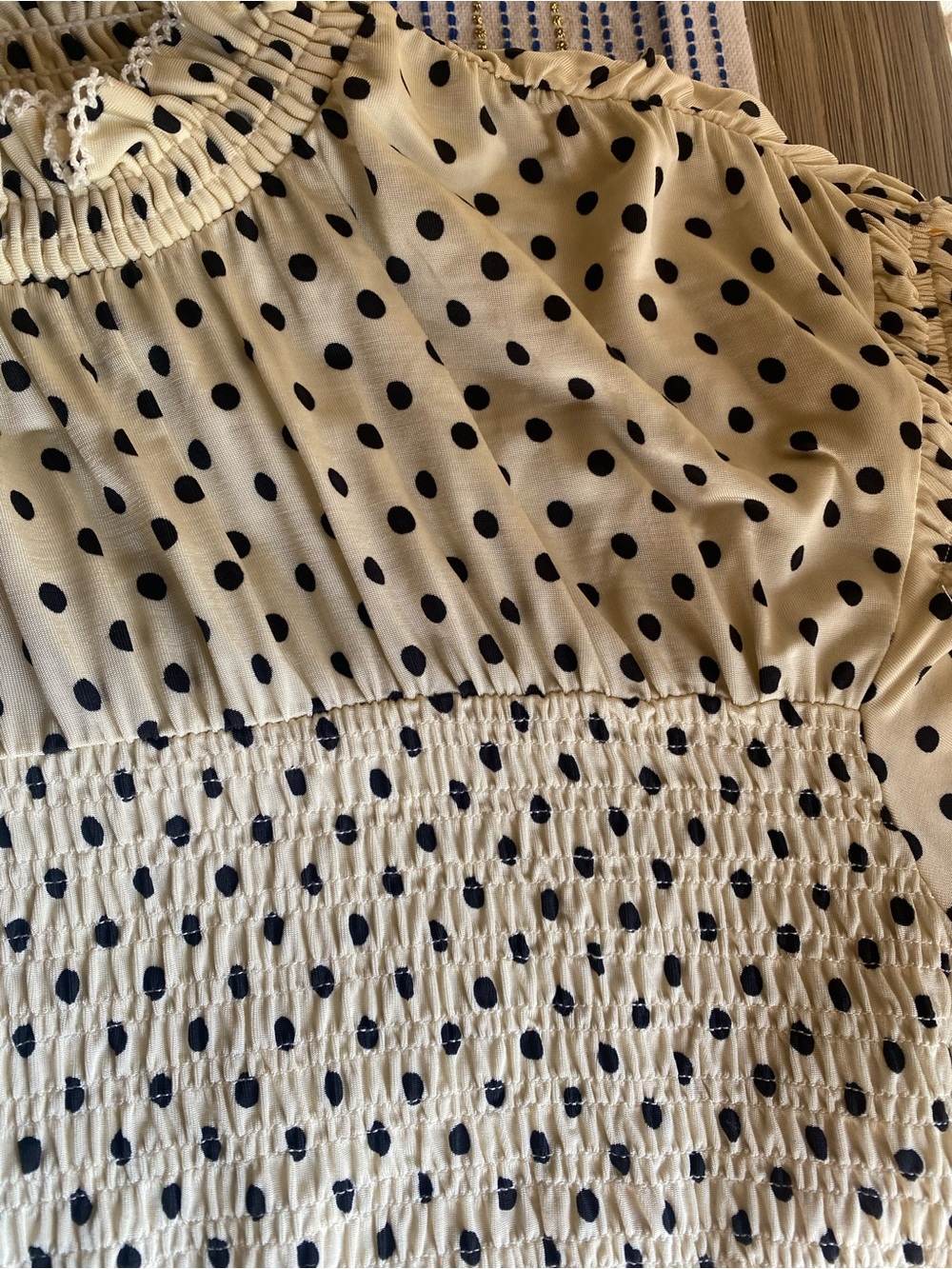 Sandro Racine smocked Polka Dot Beige Black Mock Neck Puff Sleeve Blouse size 4 - Picture 9 of 16